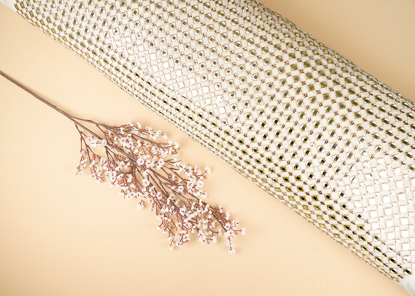 White Dyeable Georgette Fabric With All Over Zari, Faux Mirror And Sequins Work 21485