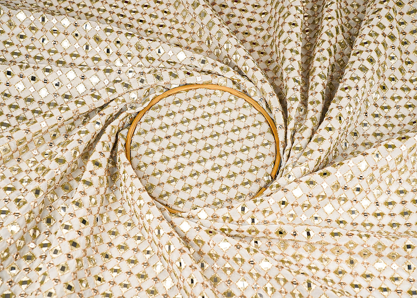 White Dyeable Georgette Fabric With All Over Zari, Faux Mirror And Sequins Work 21485