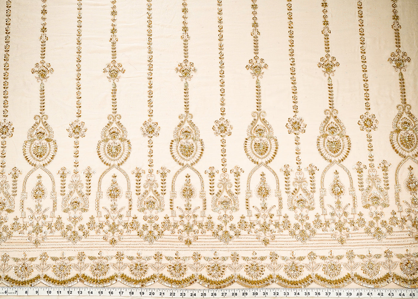 White Dyeable Georgette Fabric With All Over Sequins, Katdana And Bead Work With One Side Scalloped Border 21488