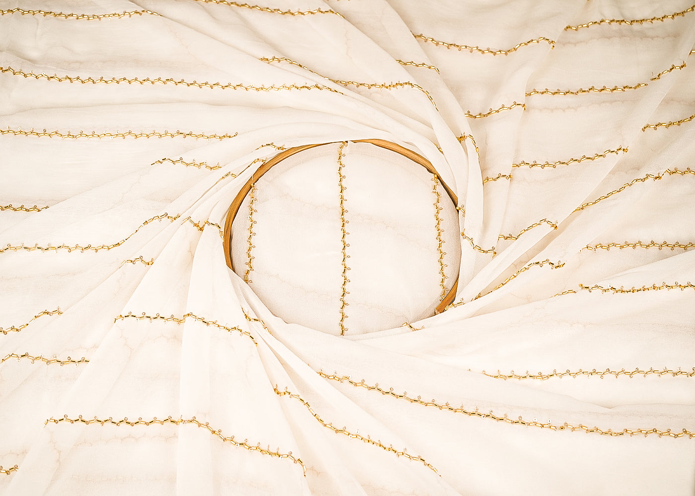 White Dyeable Georgette Fabric With All Over Stripes of Sequins And Katdana Work 21490