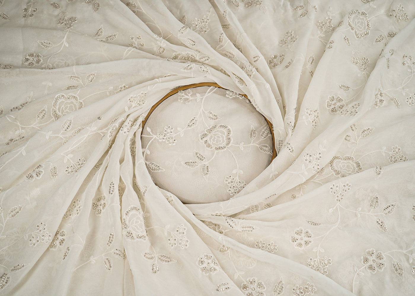 White Dyeable Georgette Fabric With All Over Thread And Katdana Work 21492