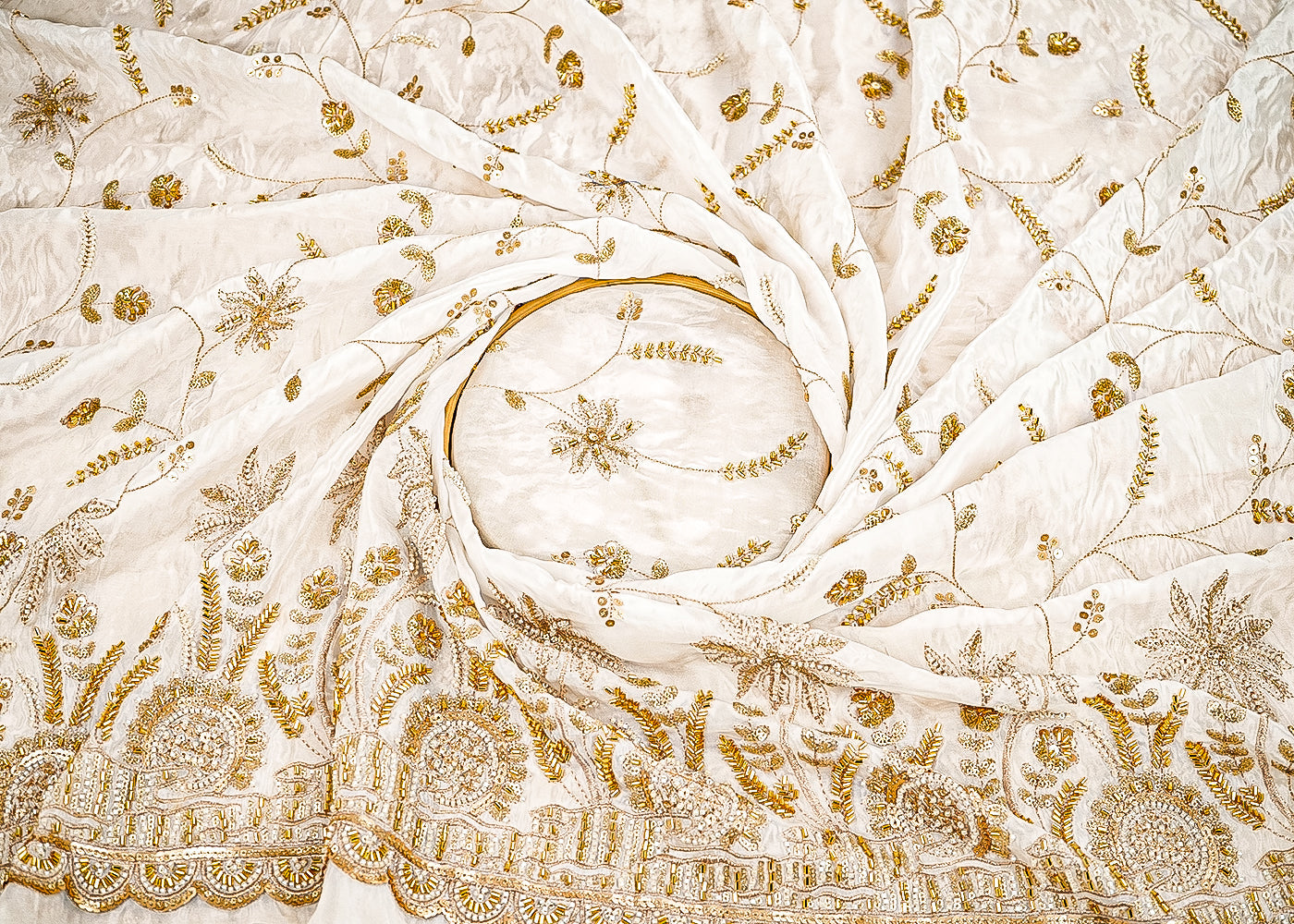White Dyeable Silk Fabric With All Over Beads, Katdana, Sequins And Zari Work With One Side Scalloped Border 21495