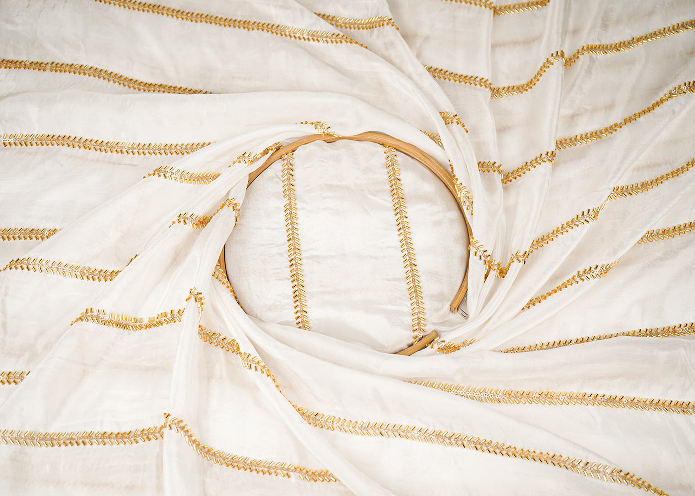 White Dyeable Organza Fabric With All Over Sequins And Katdana Work 21497