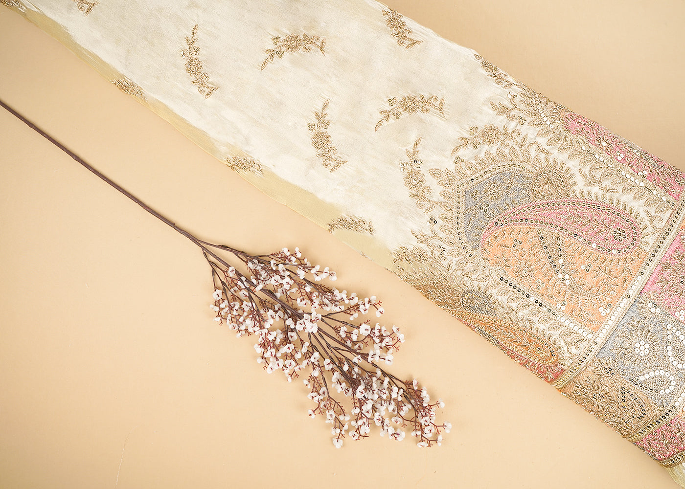 Golden Dyeable Tissue Fabric With All Over Zari, Sequins And Katdana Work With One Side Heavy Border 21504