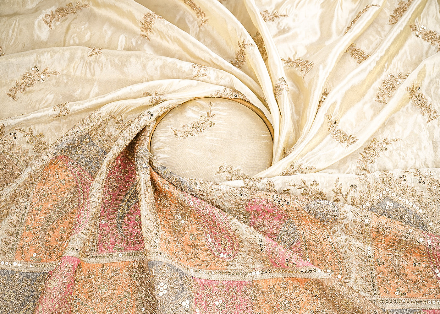 Golden Dyeable Tissue Fabric With All Over Zari, Sequins And Katdana Work With One Side Heavy Border 21504