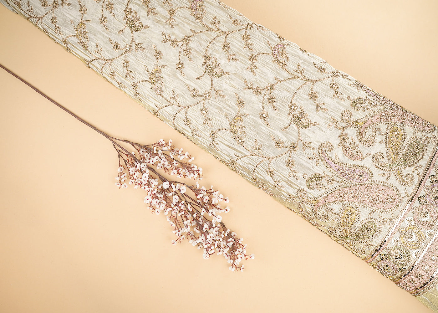 Golden Dyeable Tissue Fabric With All Over Zari, Sequins And Katdana Work With One Side Border 21507