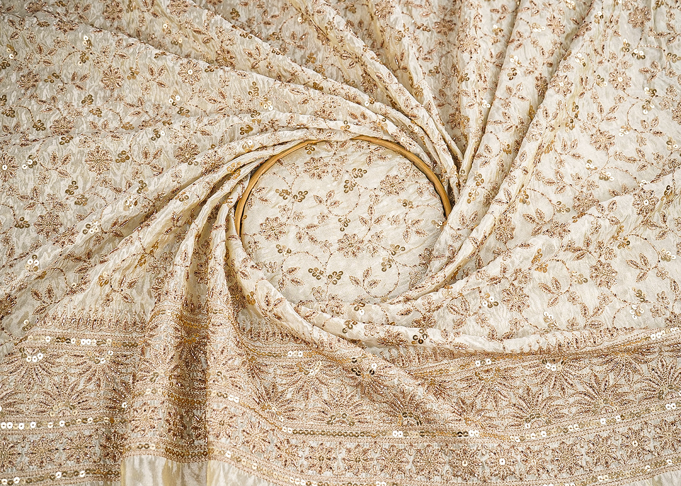 Golden Dyeable Tissue Fabric With All Over Zari, Sequins And Katdana Work With One Side Border 21510