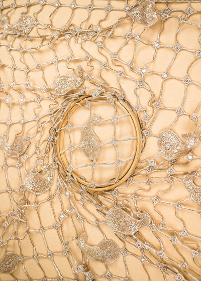 Golden Imported Laser CutWork Net Fabric With All Over Rose Gold Zari And Sequins  21513
