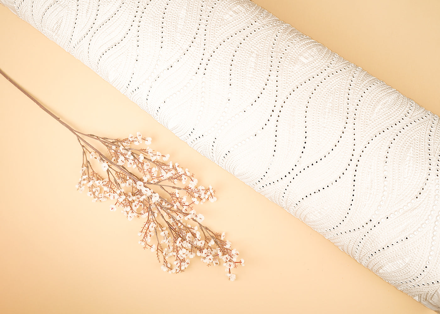 White Dyeable Silk Fabric With All Over Thread And Faux Mirror Work 21515