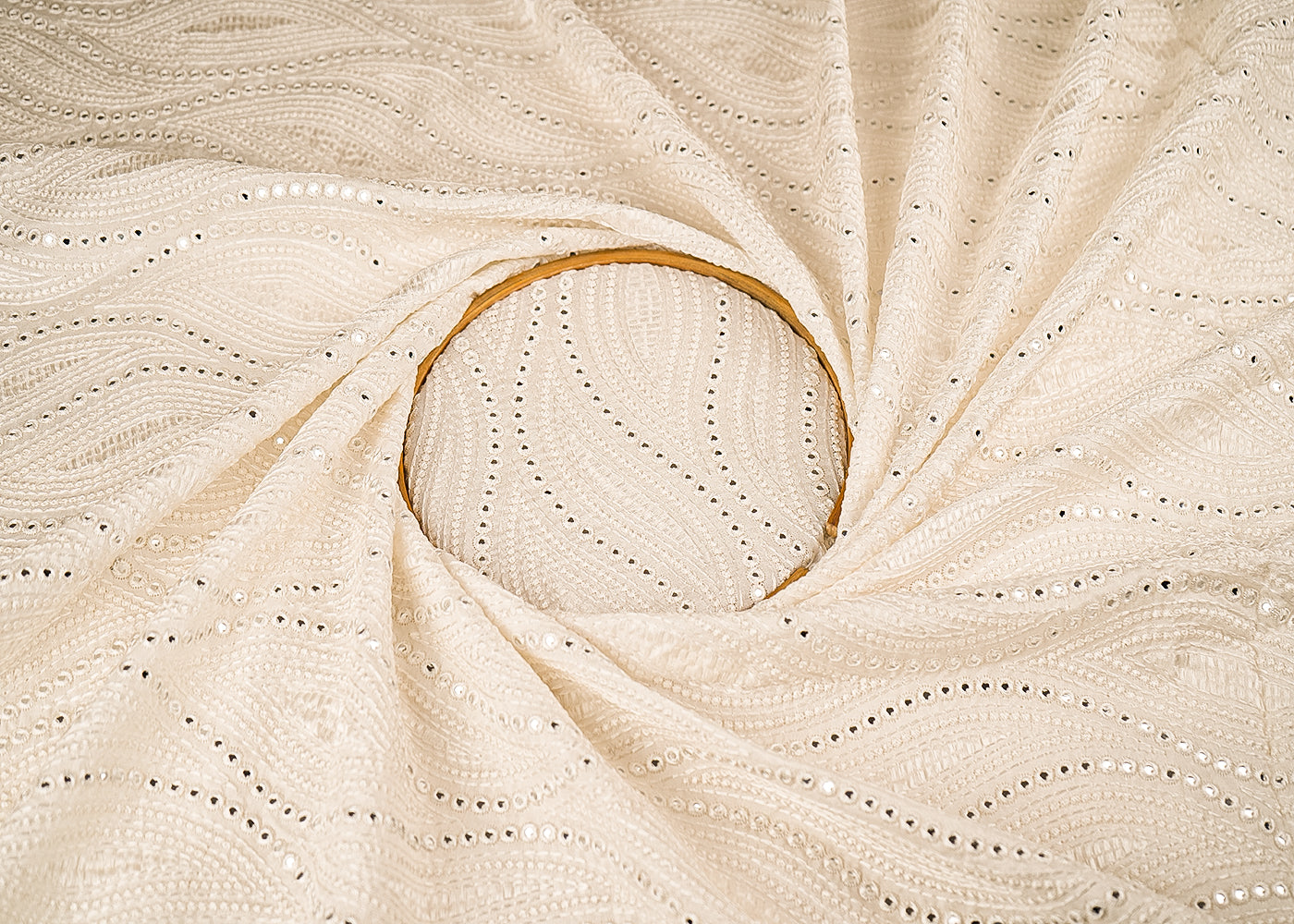 White Dyeable Silk Fabric With All Over Thread And Faux Mirror Work 21515