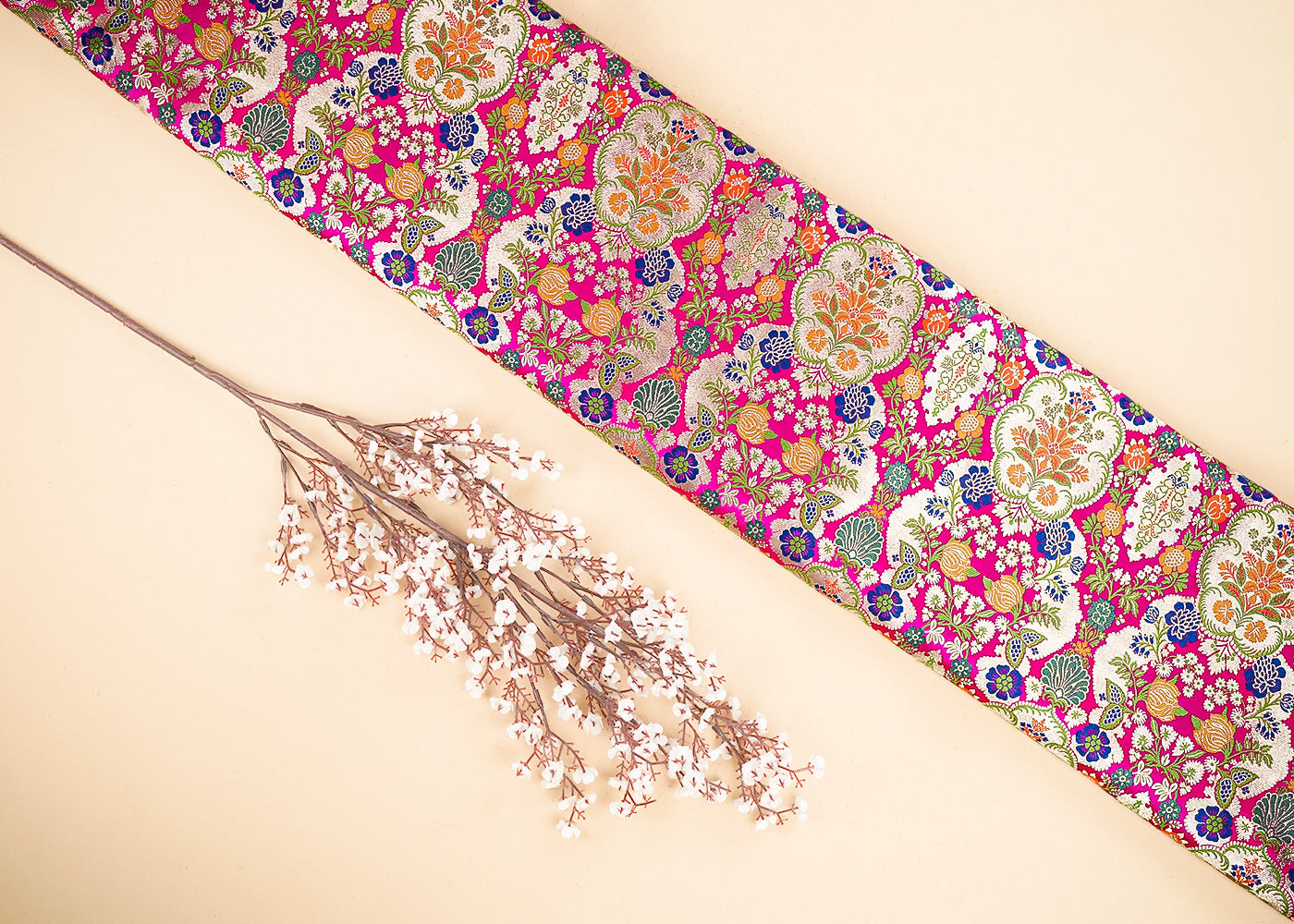 Rani Pink Banarasi Brocade Fabric With All Over Thread And Zari Handloom 21524