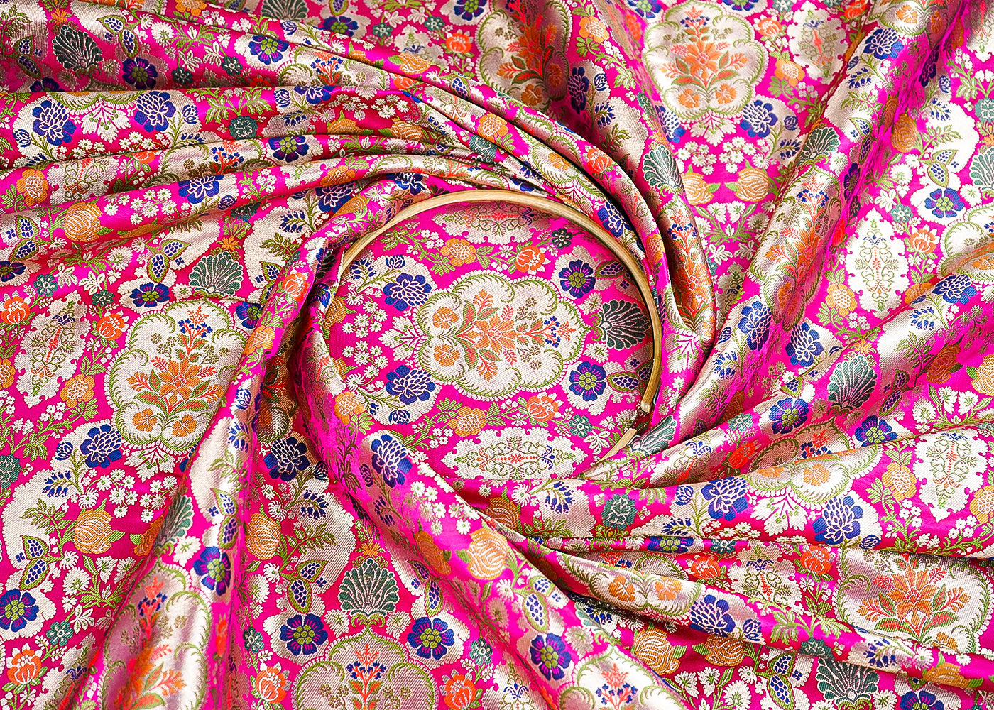 Rani Pink Banarasi Brocade Fabric With All Over Thread And Zari Handloom 21524