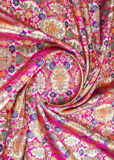 Rani Pink Pure Banarasi Brocade Fabric With All Over Thread And Zari Handloom 21524