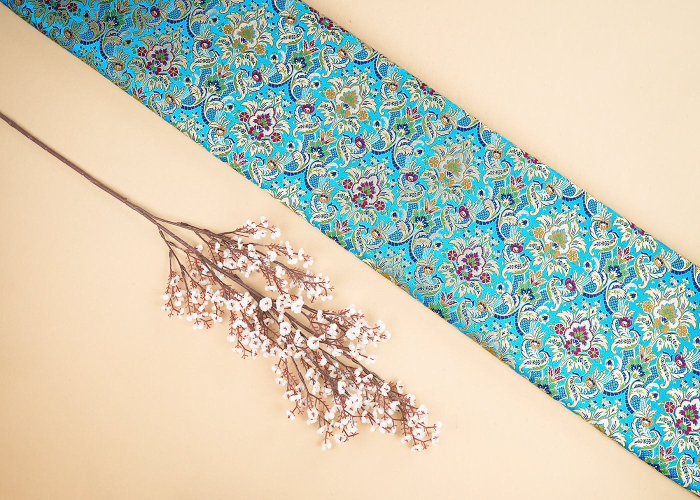 Sky Blue Pure Banarasi Brocade Fabric With All Over Thread And Zari Handloom 21525