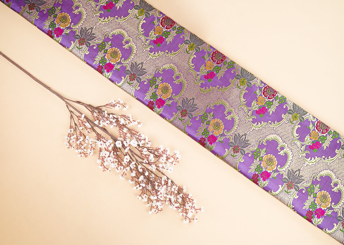 Lavender Pure Banarasi Brocade Fabric With All Over Thread And Zari Handloom 21526