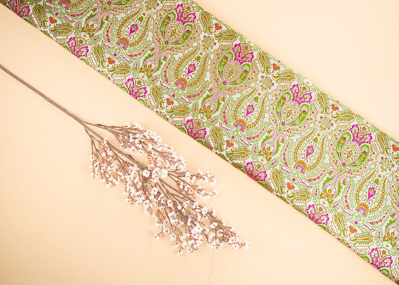 Cream Pure Banarasi Brocade Fabric With All Over Thread And Zari Handloom 21527