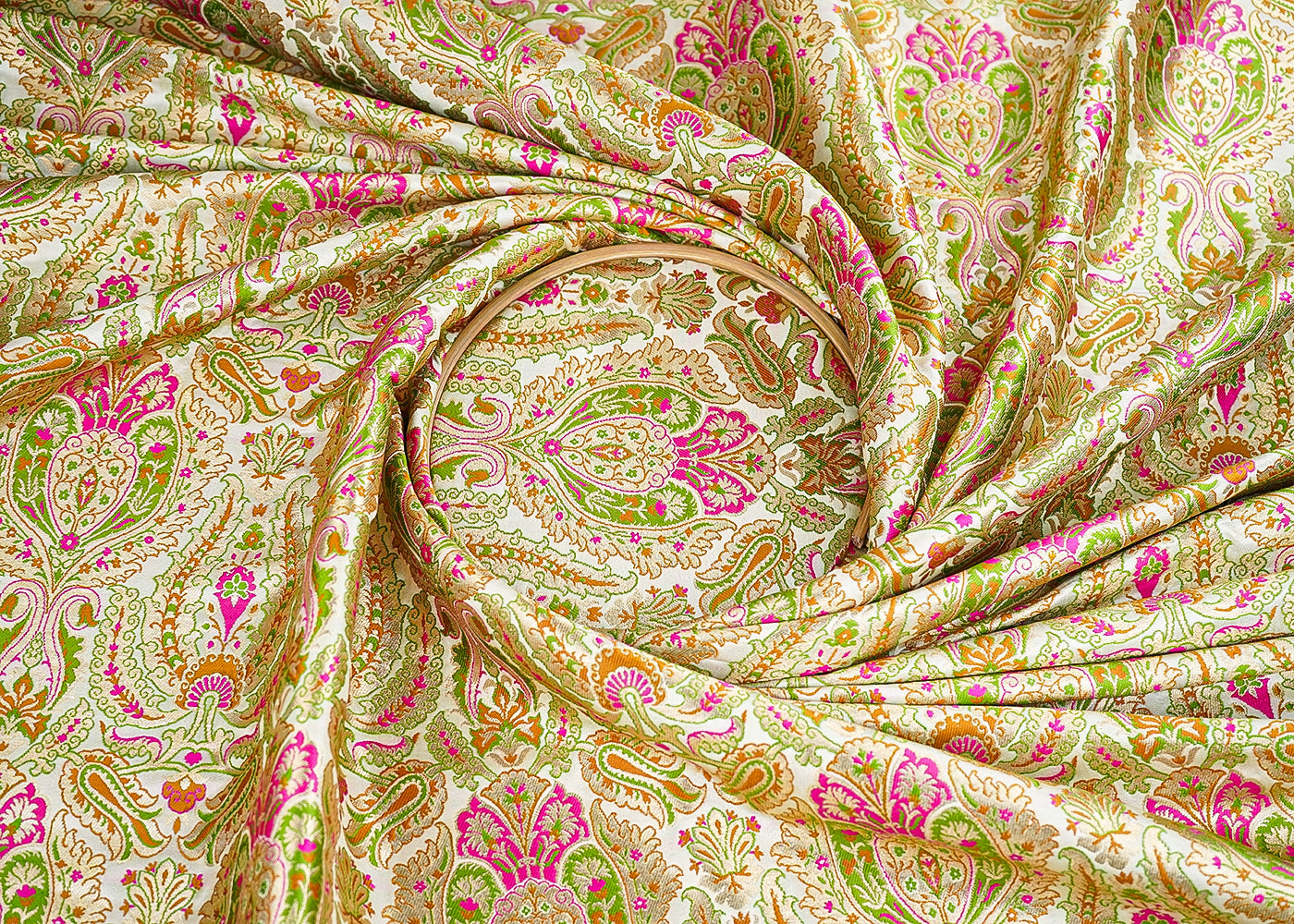Cream Pure Banarasi Brocade Fabric With All Over Thread And Zari Handloom 21527