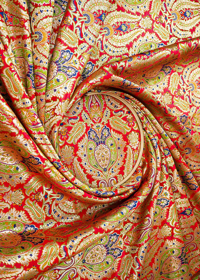 Red Pure Banarasi Brocade Fabric With All Over Thread And Zari Handloom 21529