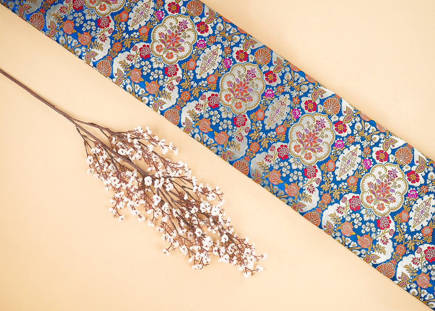 Blue Banarasi Brocade Fabric With All Over Thread And Zari Handloom 21531