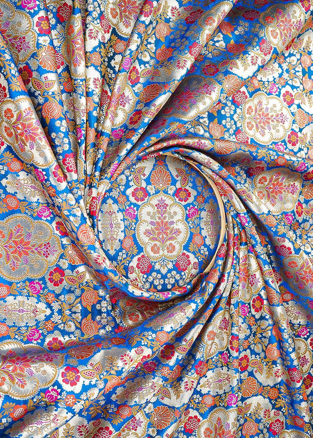 Blue-Pure-Banarasi-Brocade-Fabric-With-All-Over-Thread-And-Zari-Handloom-21531-close-view