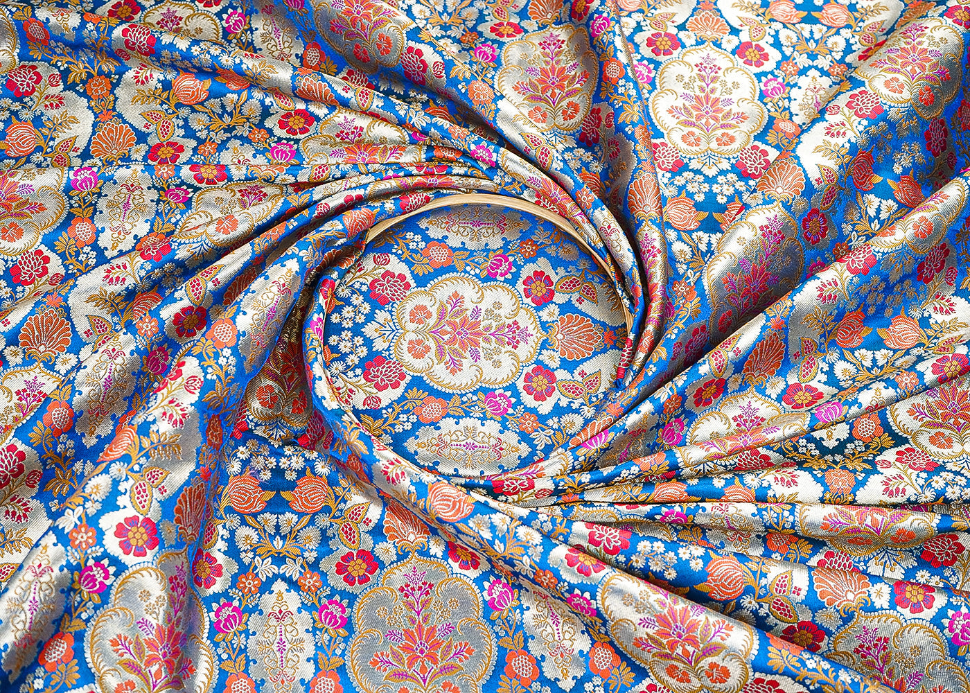 Blue Banarasi Brocade Fabric With All Over Thread And Zari Handloom 21531