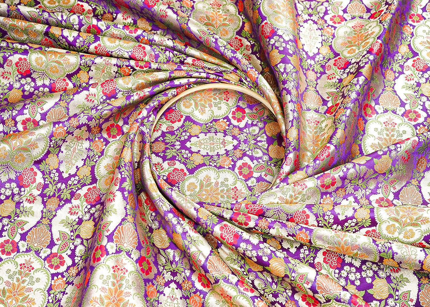 Purple Pure Banarasi Brocade Fabric With All Over Thread And Zari Handloom 21532