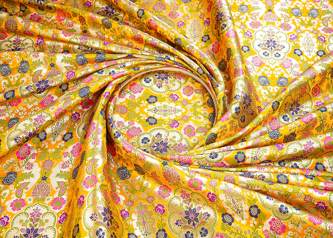 Mustard Banarasi Brocade Fabric With All Over Thread And Zari Handloom 21534