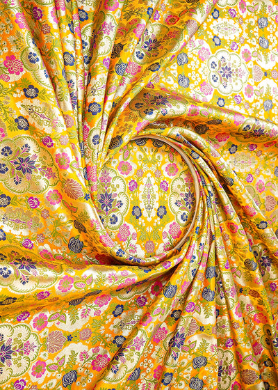 Mustard Pure Banarasi Brocade Fabric With All Over Thread And Zari Handloom 21534