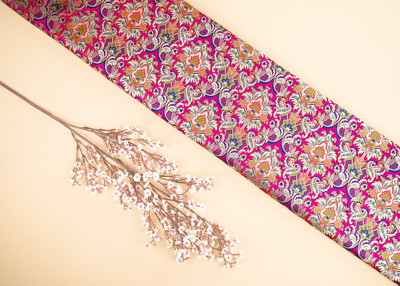 Rani Pink Pure Banarasi Brocade Fabric With All Over Thread And Zari Handloom 21535