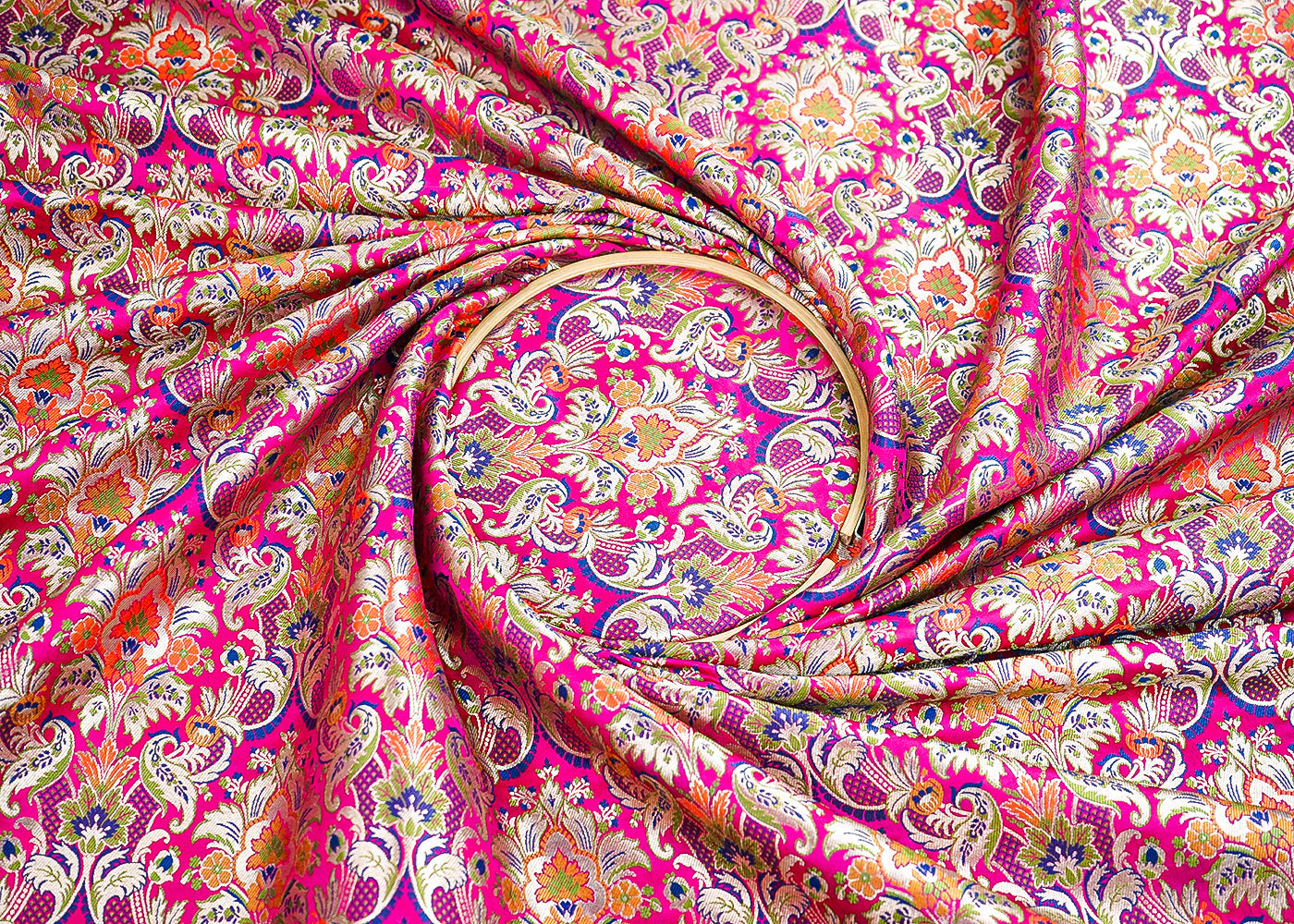 Rani Pink Pure Banarasi Brocade Fabric With All Over Thread And Zari Handloom 21535