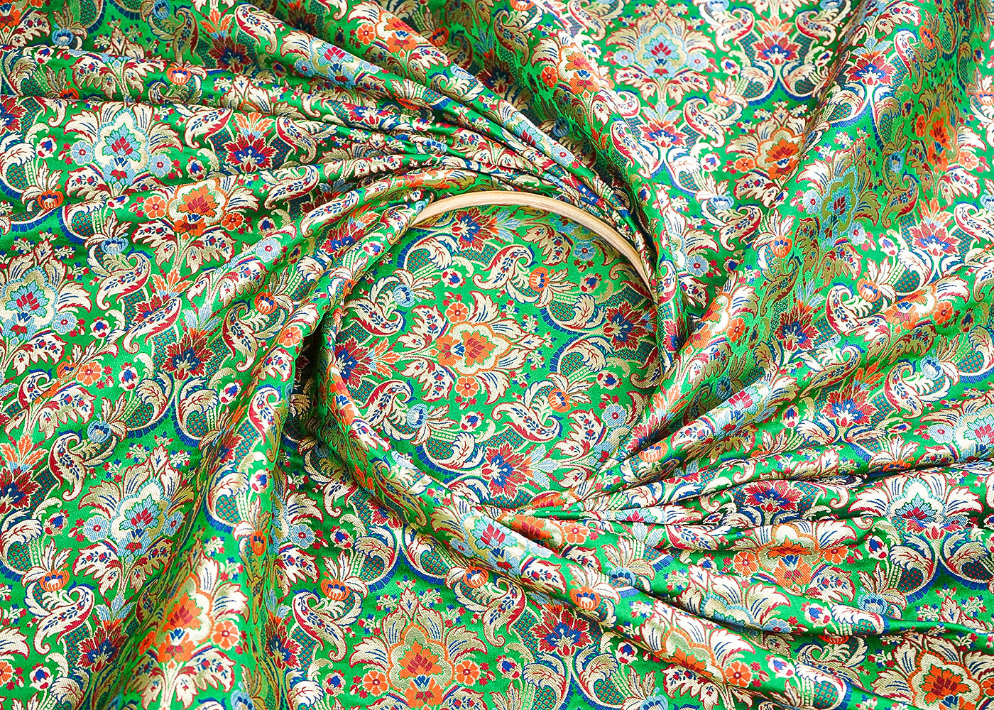 Bottle Green Pure Banarasi Brocade Fabric With All Over Thread And Zari Handloom 21538