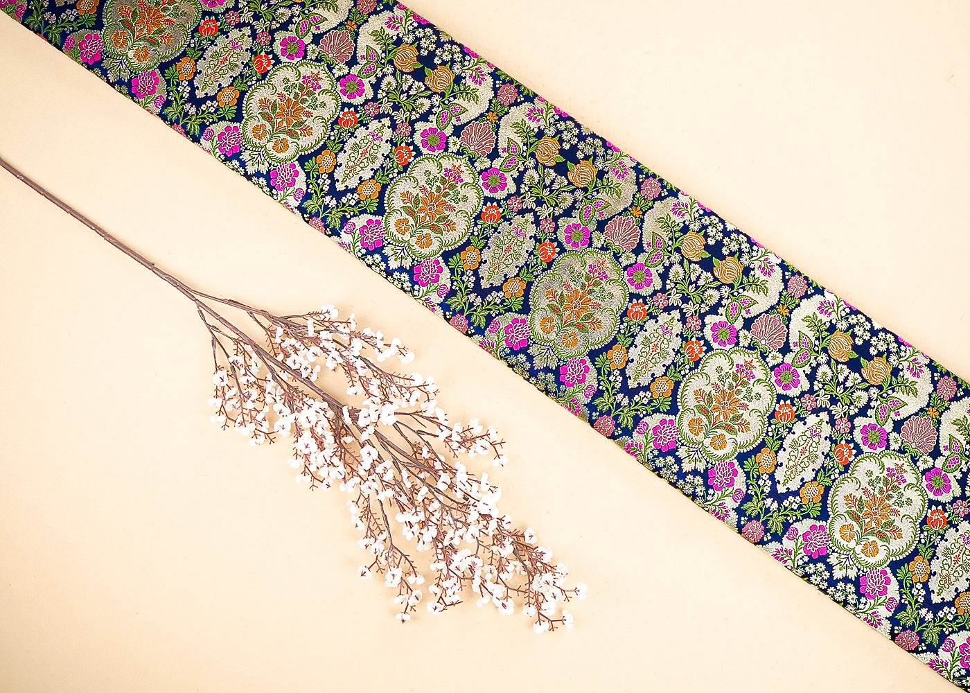 Navy Blue Banarasi Brocade Fabric With All Over Thread And Zari Handloom 21540