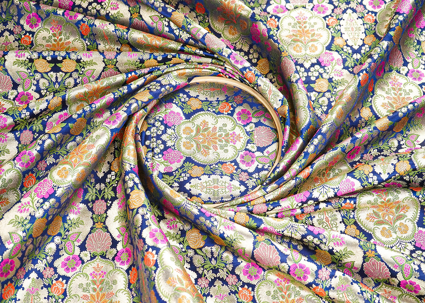 Navy Blue Banarasi Brocade Fabric With All Over Thread And Zari Handloom 21540