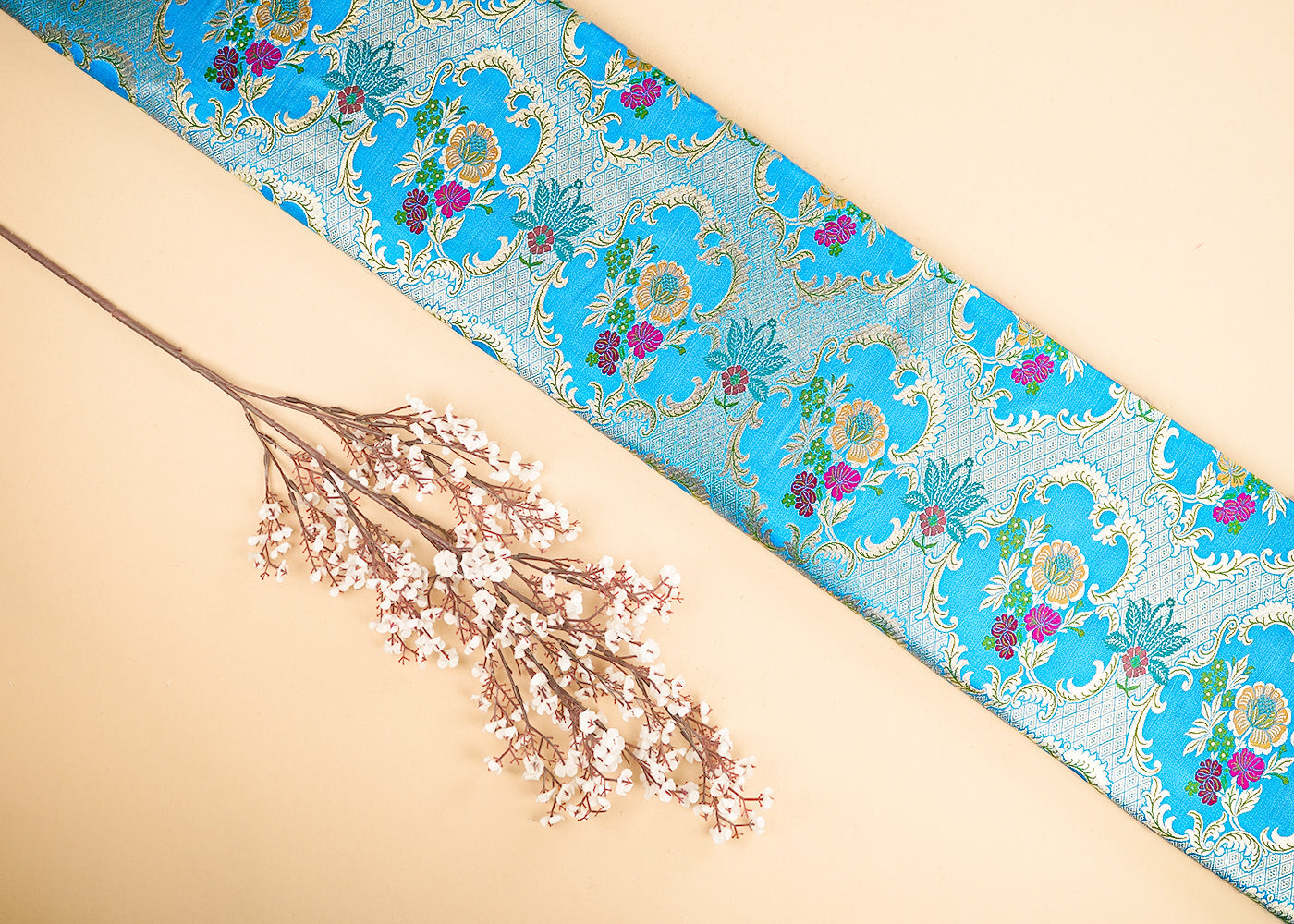 Sky Blue Pure Banarasi Brocade Fabric With All Over Thread And Zari Handloom 21542