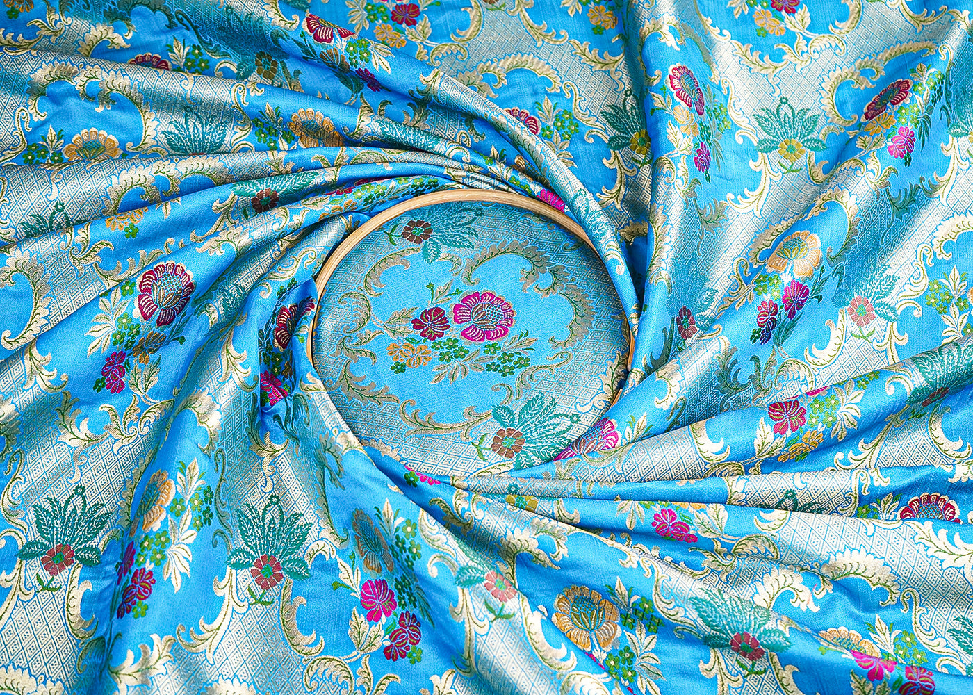 Sky Blue Pure Banarasi Brocade Fabric With All Over Thread And Zari Handloom 21542