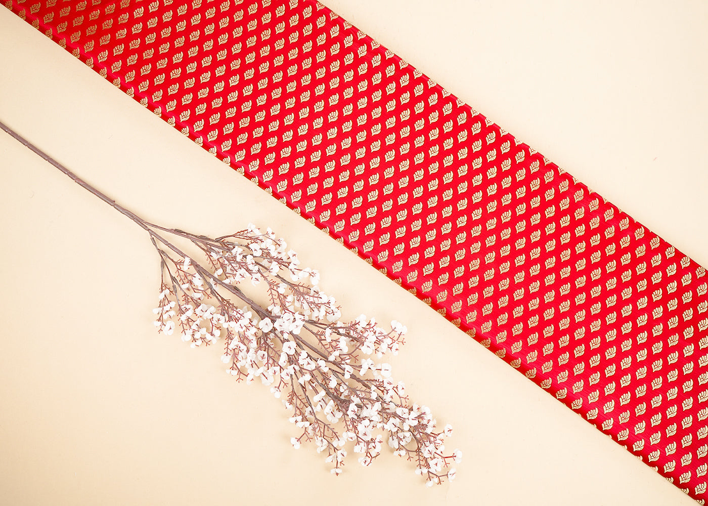 Red Banarasi Brocade Fabric With All Over Golden Zari Handloom 21546