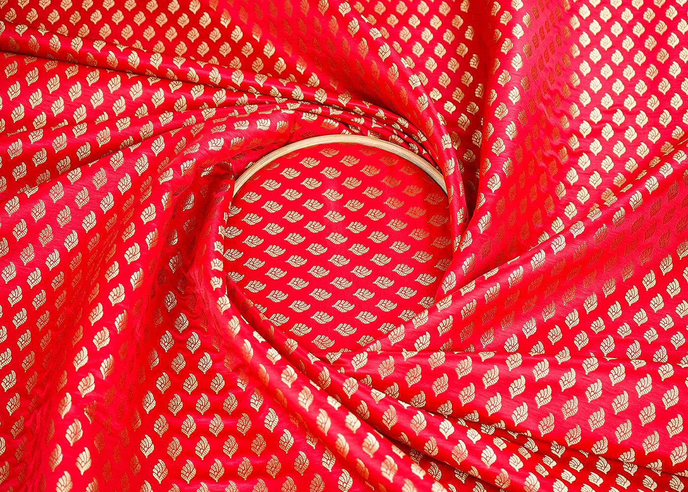 Red Banarasi Brocade Fabric With All Over Golden Zari Handloom 21546