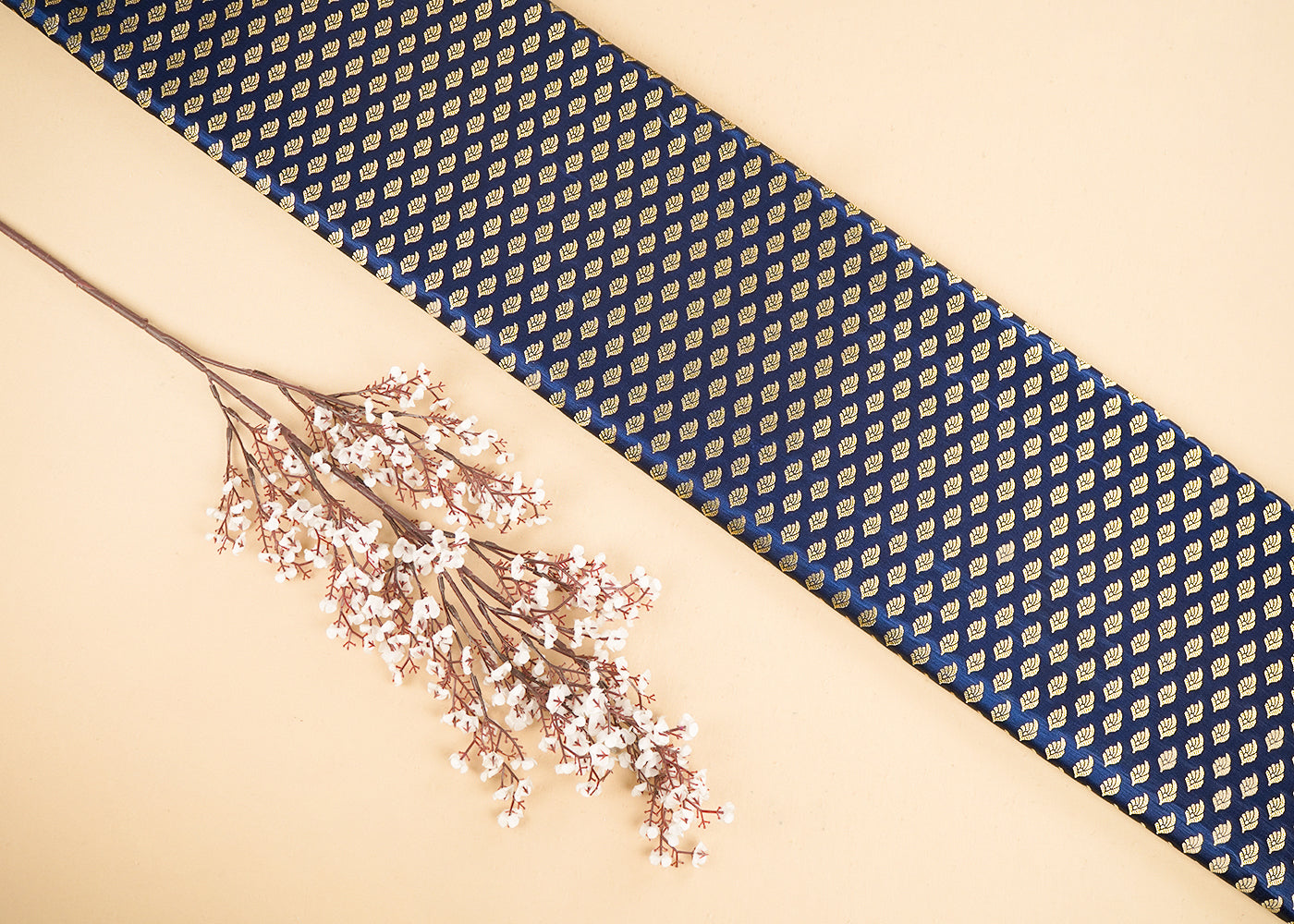 Navy Blue Banarasi Brocade Fabric With All Over Golden Zari Handloom 21548