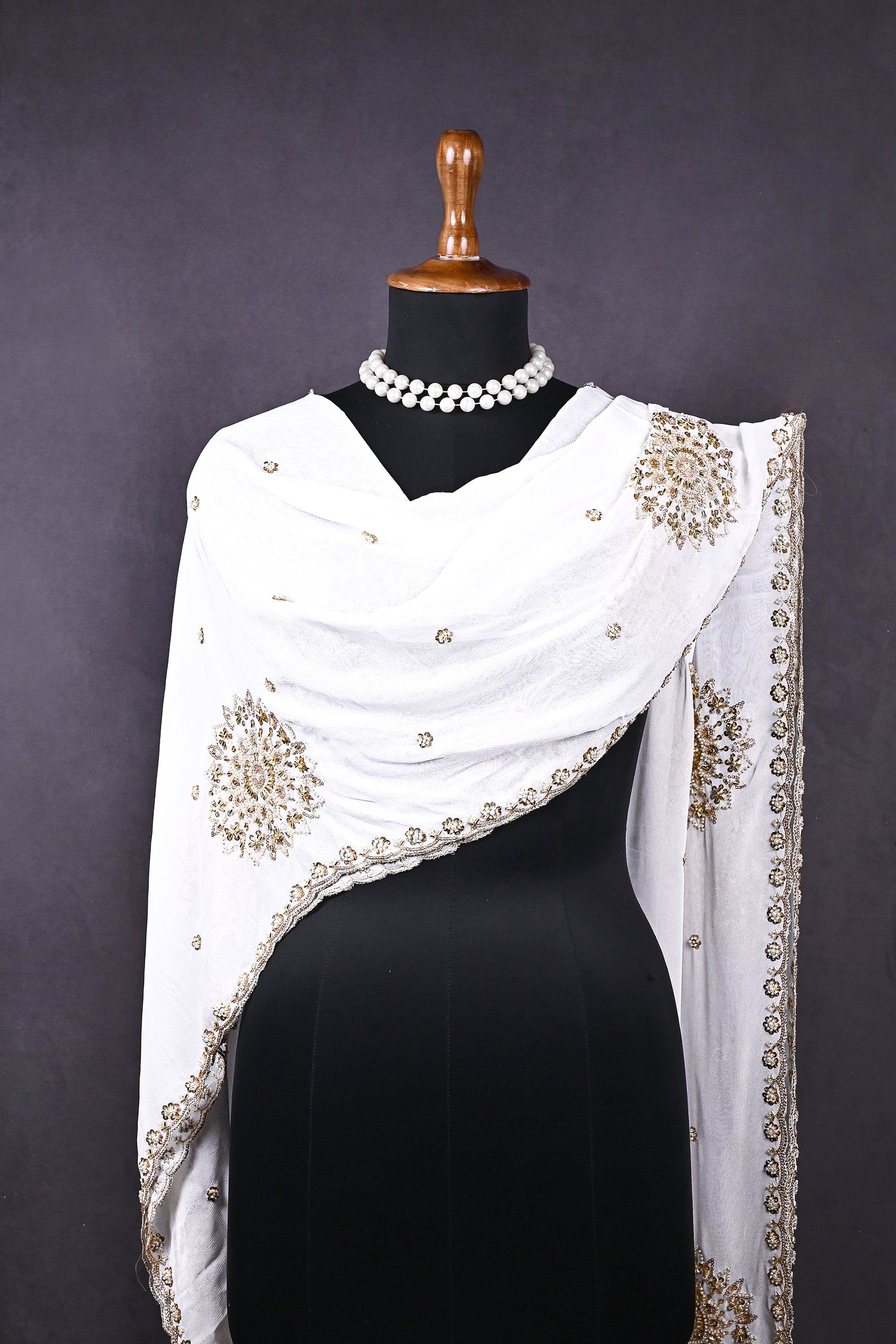 White Dyeable Georgette Dupatta All Over Sequins And Katdana Work 21558