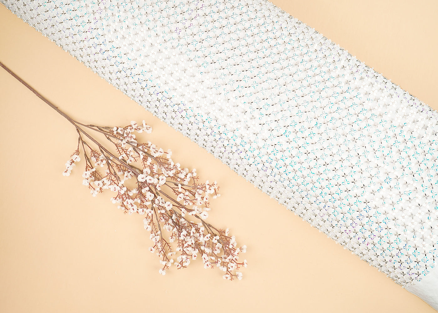 White Dyeable Georgette Fabric With All Over Rainbow Sequins, Thread, Beads And Katdana Work 21562