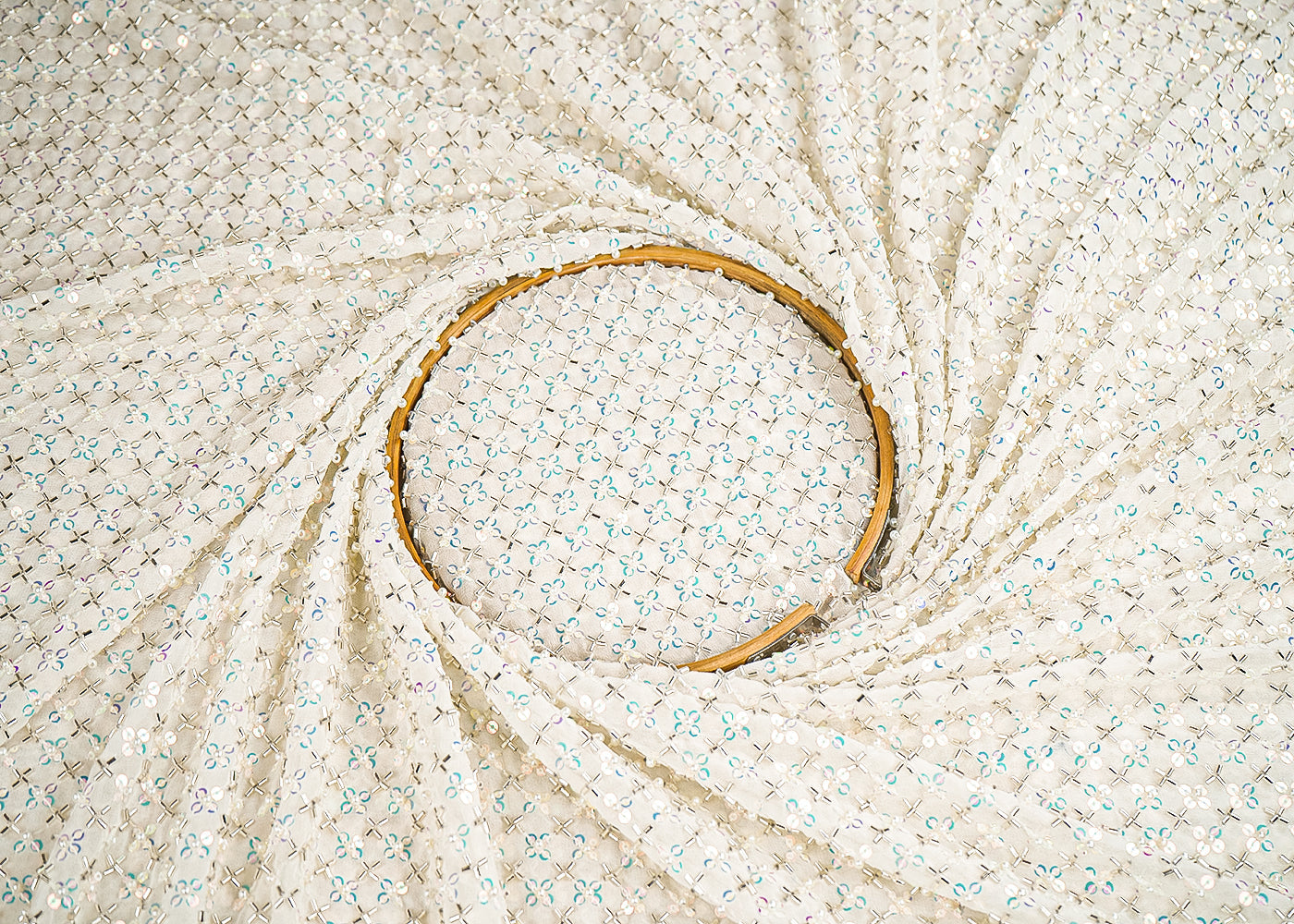 White Dyeable Georgette Fabric With All Over Rainbow Sequins, Thread, Beads And Katdana Work 21562