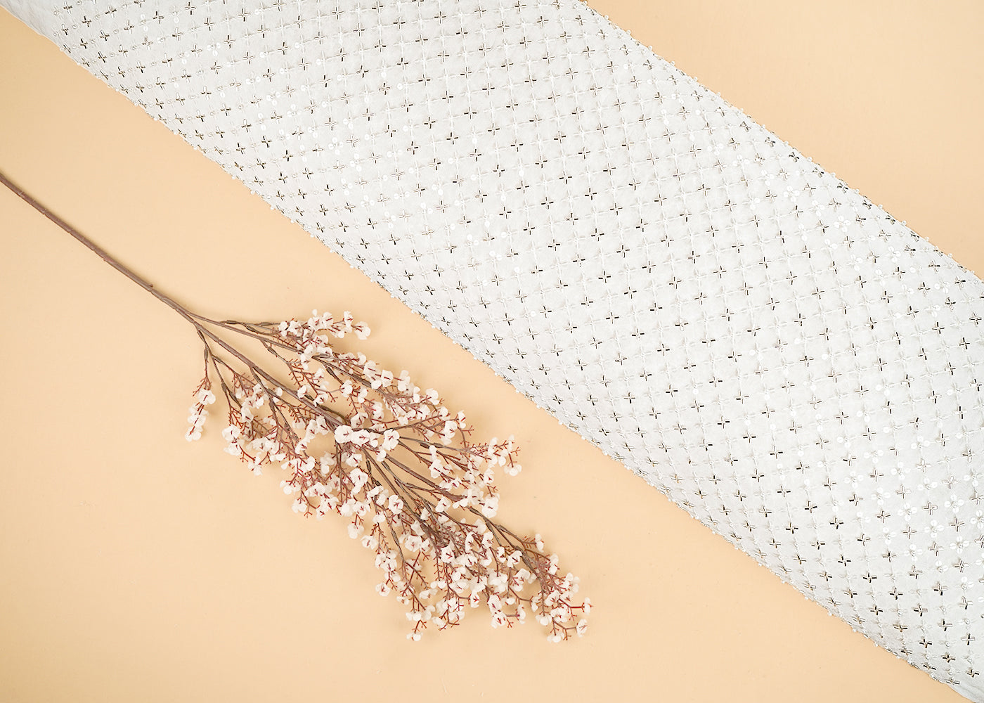 White Dyeable Georgette Fabric With All Over Thread, Sequins, Beads, Katdana, And Zari Work 21563