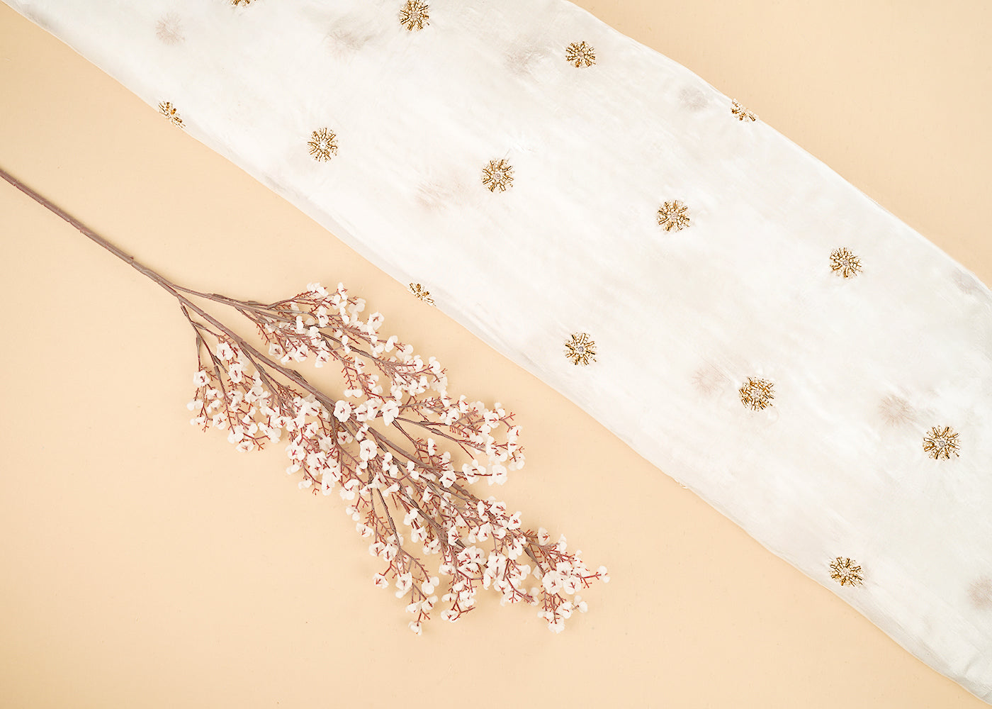 White Dyeable Crepe Fabric With All Over Sequins, Beads And Katdana Work 21565