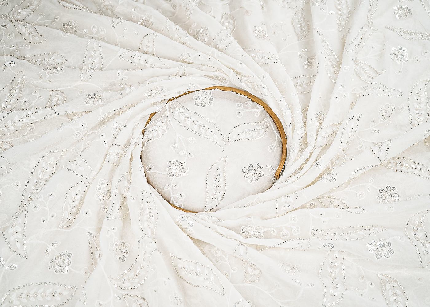 White Dyeable Georgette Fabric With All Over Thread, Katdana And Sequins Work 21566