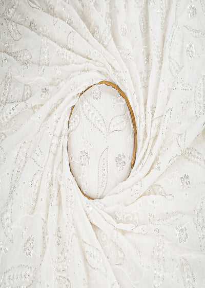 White Dyeable Georgette Fabric With All Over Thread, Katdana And Sequins Work 21566