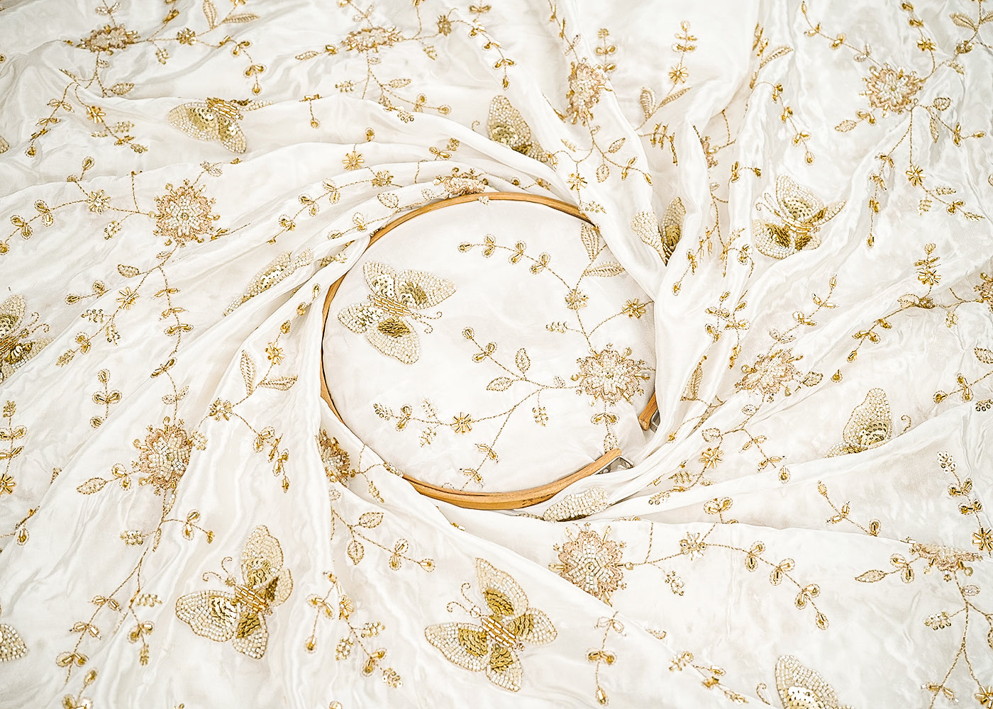 White Dyeable Crepe Fabric With All Over Sequins, Beads, Zari And Katdana Work 21570