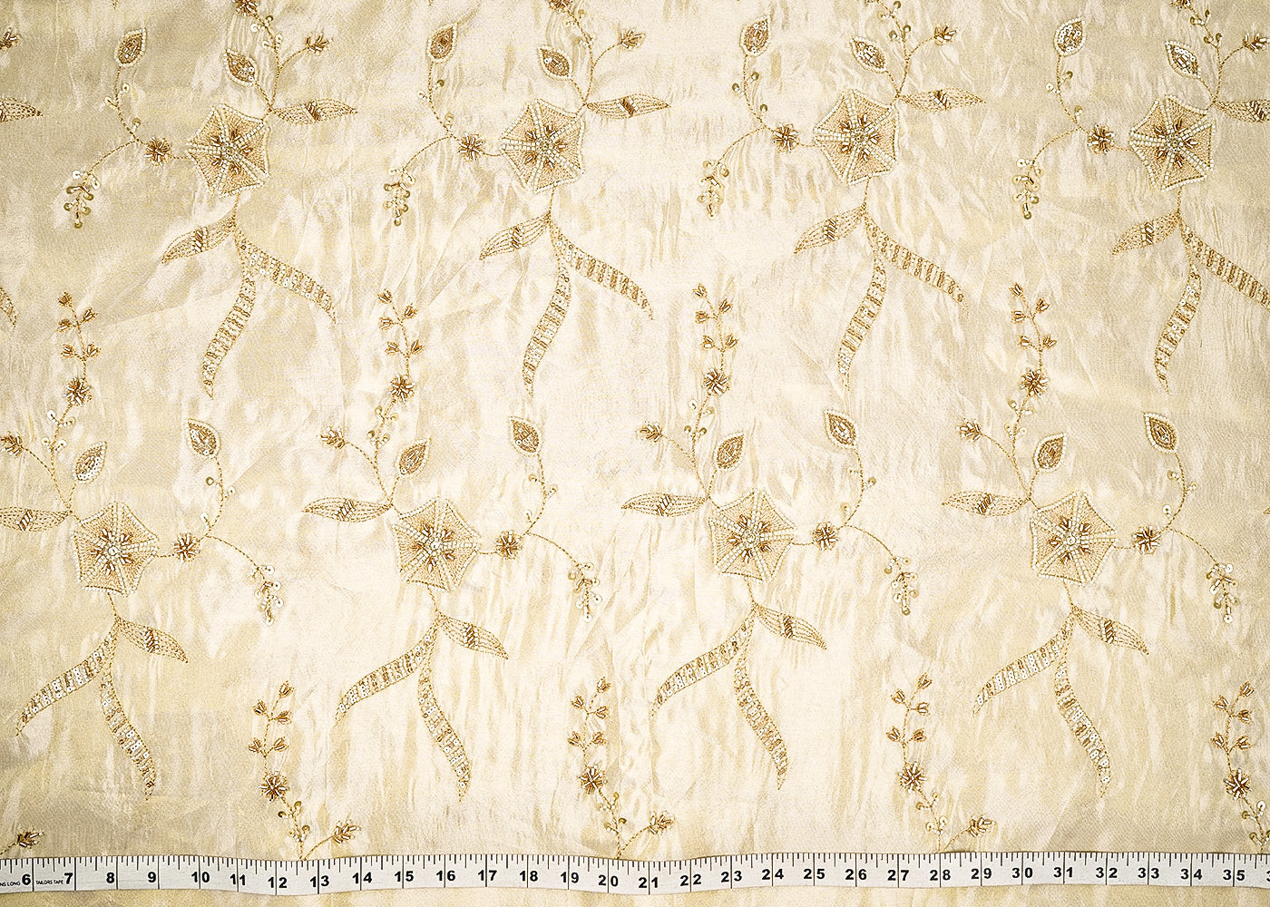 Golden Dyeable Tissue Fabric With All Over Sequins, Katdana And Zari Work 21573-measurement-view