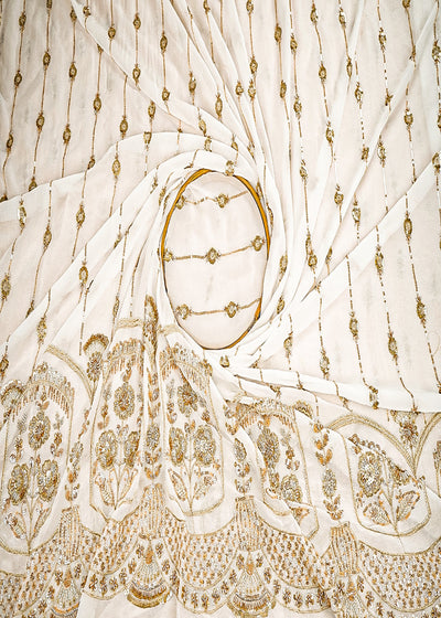 White Dyeable Georgette Fabric With All Over Stripes of Zari, Sequins, And Katdana Work With One Side Scalloped Border 21574