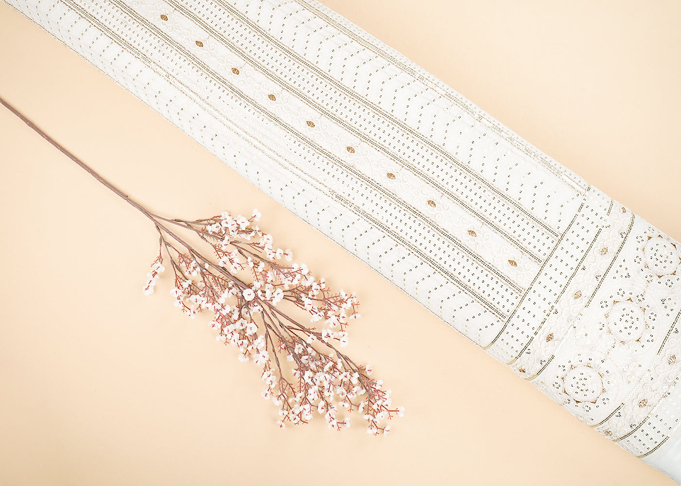 White Dyeable Georgette Fabric With All Over Sequins, Thread And Zari Work With One Side Border 21575