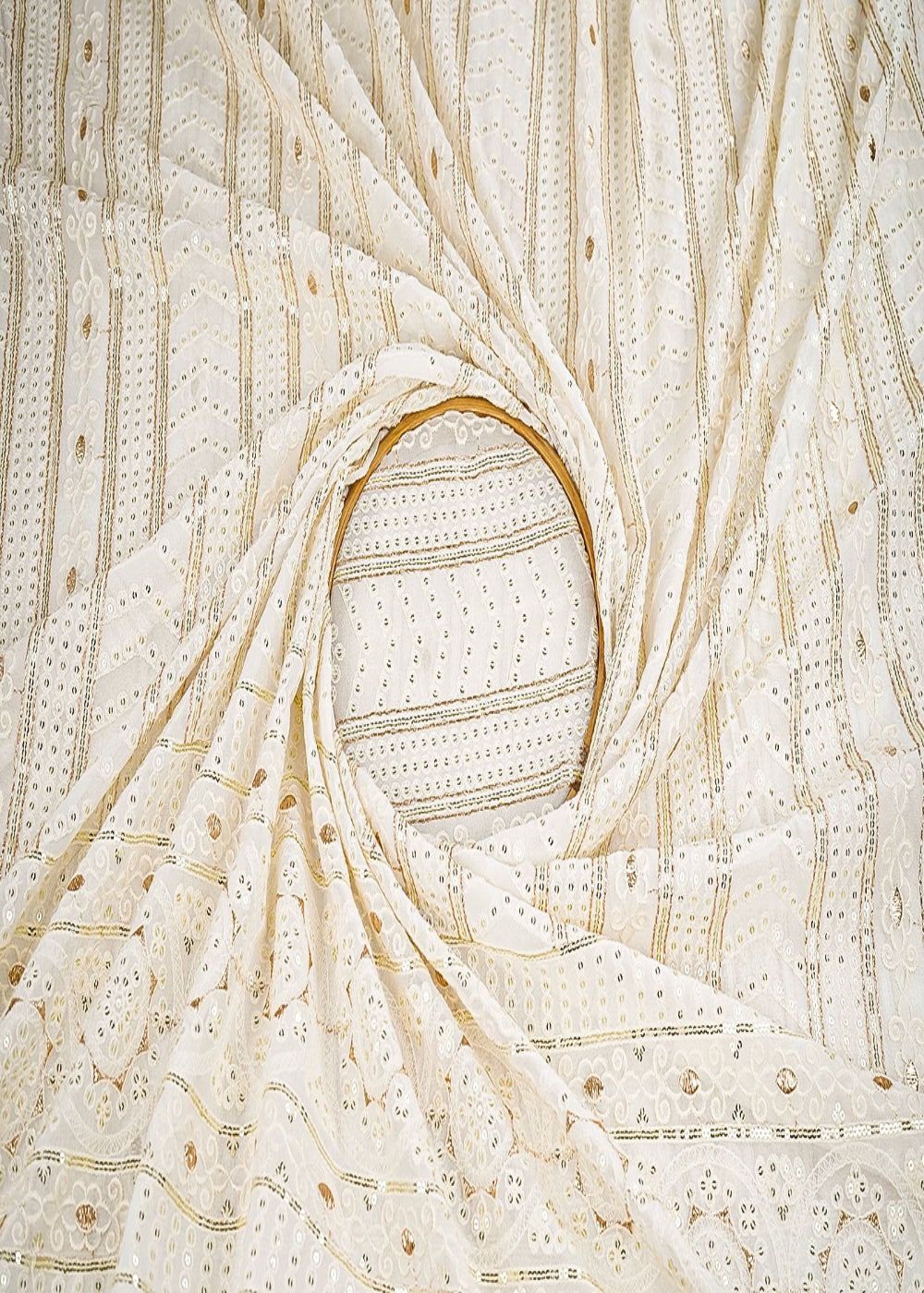 White-Dyeable-Georgette-Fabric-With-All-Over-Sequins,-Thread-And-Zari-Work-With-One-Side-Border-21575-close-view